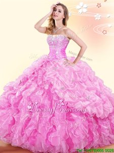 Best Rose Pink Lace Up Sweetheart Beading and Ruffles and Pick Ups Sweet 16 Quinceanera Dress Organza Sleeveless