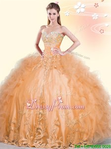 Latest Orange Sweet 16 Quinceanera Dress Military Ball and Sweet 16 and Quinceanera and For withBeading and Appliques and Ruffles Sweetheart Sleeveless Lace Up