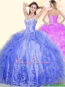 Vintage Blue Sweetheart Lace Up Beading and Ruffles Quinceanera Gown Sleeveless
