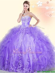 Spectacular Lavender Sleeveless Floor Length Beading and Appliques and Ruffles Lace Up Quinceanera Gown