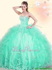 Apple Green Lace Up 15th Birthday Dress Beading and Appliques and Ruffles Sleeveless Floor Length