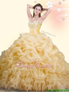 Ideal With Train Ball Gowns Sleeveless Gold Quinceanera Dress Brush Train Lace Up