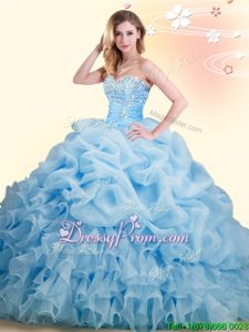 Pretty Sleeveless Organza With Brush Train Lace Up Sweet 16 Dresses inBaby Blue forSpring and Summer and Fall and Winter withBeading and Ruffles and Pick Ups