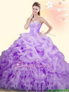 Nice Lilac Sleeveless Brush Train Beading and Ruffles and Pick Ups With Train Vestidos de Quinceanera