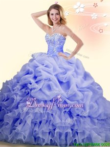 Cute Lavender Ball Gowns Beading and Ruffles and Pick Ups 15th Birthday Dress Lace Up Organza Sleeveless With Train