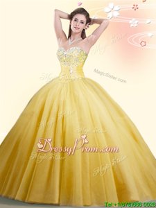 Gold Sweetheart Lace Up Beading Quince Ball Gowns Sleeveless