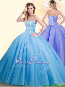 Noble Baby Blue Ball Gowns Sweetheart Sleeveless Tulle Floor Length Lace Up Beading 15 Quinceanera Dress