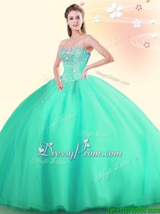 Apple Green Tulle Lace Up Sweetheart Sleeveless Floor Length 15th Birthday Dress Beading