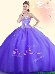 Affordable Sleeveless Tulle Floor Length Lace Up Quinceanera Gown inPurple forSpring and Summer and Fall and Winter withBeading