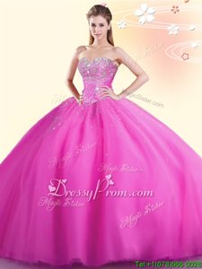 Fantastic Hot Pink Sleeveless Beading Floor Length Quinceanera Gowns