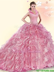 Excellent Pink High-neck Backless Beading and Ruffles Quinceanera Dress Brush Train Sleeveless