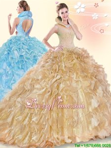 High-neck Sleeveless 15th Birthday Dress Brush Train Beading and Ruffles Champagne Organza