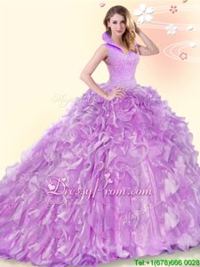 New Arrival High-neck Sleeveless Brush Train Backless Sweet 16 Dress Lilac Organza