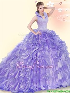 Suitable Lavender Organza Backless 15 Quinceanera Dress Sleeveless Brush Train Beading and Ruffles