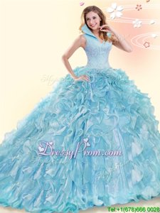 Sleeveless Ruffles Backless Quinceanera Dress with Baby Blue Brush Train