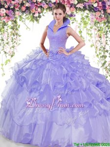 Most Popular Lavender Backless Ball Gown Prom Dress Beading and Ruffled Layers Sleeveless Floor Length