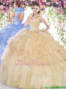 Delicate Floor Length Champagne Quinceanera Gown Organza Sleeveless Spring and Summer and Fall and Winter Beading and Ruffled Layers