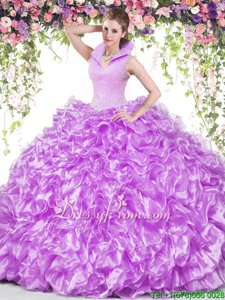 Wonderful Lilac High-neck Backless Beading and Ruffles Vestidos de Quinceanera Sleeveless