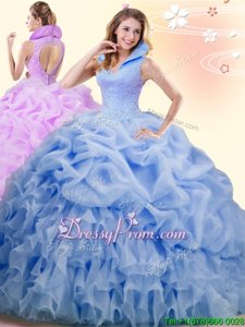 Fabulous Blue Sleeveless Organza Brush Train Backless Sweet 16 Dress forMilitary Ball and Sweet 16 and Quinceanera