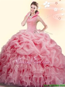 Glittering Watermelon Red Organza Backless High-neck Sleeveless Quinceanera Dresses Brush Train Beading and Ruffles and Pick Ups