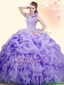 Custom Fit Sleeveless Beading and Ruffles and Pick Ups Backless Sweet 16 Dress with Lavender Brush Train