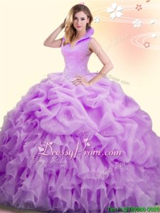 Stunning Organza High-neck Sleeveless Backless Beading and Appliques and Pick Ups 15th Birthday Dress inLilac