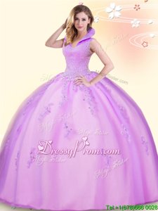Custom Design Lilac Sleeveless Beading and Appliques Floor Length Quinceanera Dress