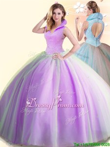 Fabulous Lilac Sleeveless Tulle Backless Quinceanera Dress forMilitary Ball and Sweet 16 and Quinceanera