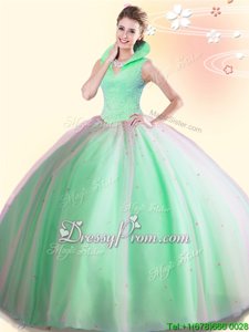 Great High-neck Sleeveless Backless Quinceanera Gown Spring Green Tulle