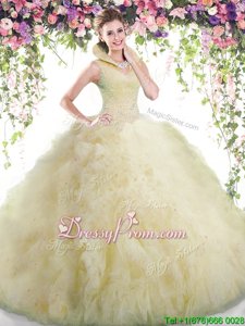 Fashionable Light Yellow Tulle Backless High-neck Sleeveless Floor Length Quinceanera Dresses Beading and Ruffles