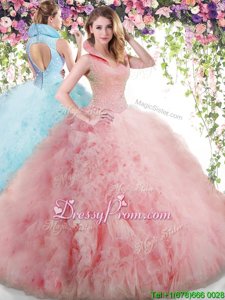 High End High-neck Sleeveless Tulle Quinceanera Dress Beading and Ruffles Backless