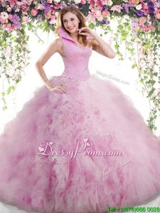 New Style Floor Length Rose Pink Quinceanera Gowns High-neck Sleeveless Backless
