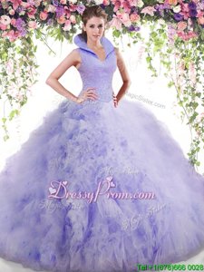 Extravagant Floor Length Backless Sweet 16 Dresses Lavender and In forMilitary Ball and Sweet 16 and Quinceanera withBeading and Ruffles