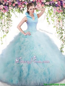 Most Popular Floor Length Backless Sweet 16 Quinceanera Dress Baby Blue and In forMilitary Ball and Sweet 16 and Quinceanera withBeading and Ruffles