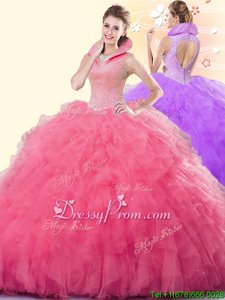 Cute High-neck Sleeveless Sweet 16 Dresses Floor Length Beading and Ruffles Coral Red Tulle