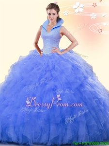 Unique Blue Ball Gowns Beading and Ruffles Quinceanera Dress Backless Tulle Sleeveless Floor Length