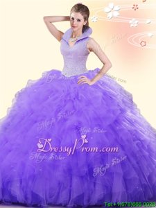 Attractive High-neck Sleeveless Backless Ball Gown Prom Dress Purple Tulle