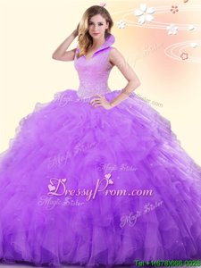 On Sale Lilac Sleeveless Tulle Backless Quinceanera Dress forMilitary Ball and Sweet 16 and Quinceanera