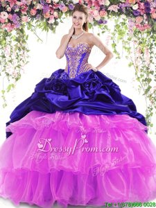 New Style Royal Blue Organza and Taffeta Lace Up Vestidos de Quinceanera Sleeveless With Brush Train Beading and Ruffled Layers and Pick Ups