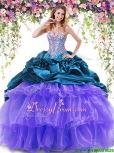 Inexpensive Spring and Summer and Fall and Winter Organza and Taffeta Sleeveless With Train 15th Birthday Dress Brush Train andBeading and Ruffled Layers and Pick Ups