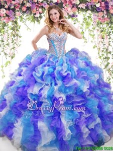 Customized Multi-color Ball Gowns Beading and Ruffles Ball Gown Prom Dress Lace Up Organza Sleeveless Floor Length