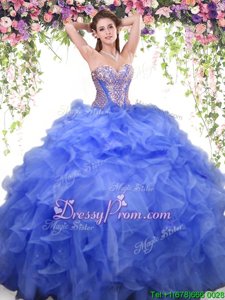Fitting Royal Blue Lace Up Sweetheart Beading and Ruffles Quince Ball Gowns Organza Sleeveless