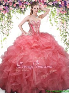 Nice Ball Gowns Quinceanera Gown Coral Red Sweetheart Organza Sleeveless Floor Length Lace Up