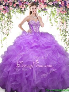 Gorgeous Floor Length Eggplant Purple 15 Quinceanera Dress Organza Sleeveless Spring and Summer and Fall and Winter Beading and Ruffles