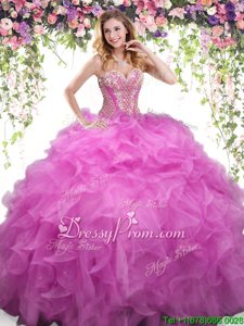 Charming Sleeveless Floor Length Beading and Ruffles Lace Up Quinceanera Gown with Lilac