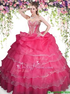 Trendy Coral Red Sleeveless Floor Length Beading and Ruffled Layers and Pick Ups Lace Up Quinceanera Dress