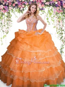Custom Designed Organza Sweetheart Sleeveless Lace Up Beading and Ruffled Layers and Pick Ups Quinceanera Gown inOrange
