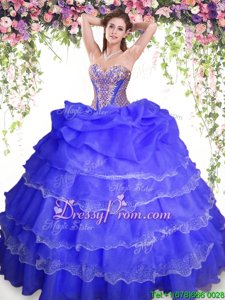 Fashion Blue Ball Gowns Beading and Ruffled Layers and Pick Ups Sweet 16 Quinceanera Dress Lace Up Organza Sleeveless Floor Length