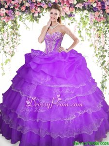 Decent Sleeveless Organza Floor Length Lace Up Quince Ball Gowns inPurple forSpring and Summer and Fall and Winter withBeading and Ruffled Layers and Pick Ups