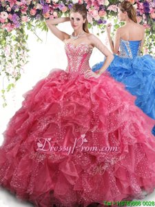 Coral Red Sweetheart Lace Up Beading and Ruffles Quinceanera Dresses Sleeveless